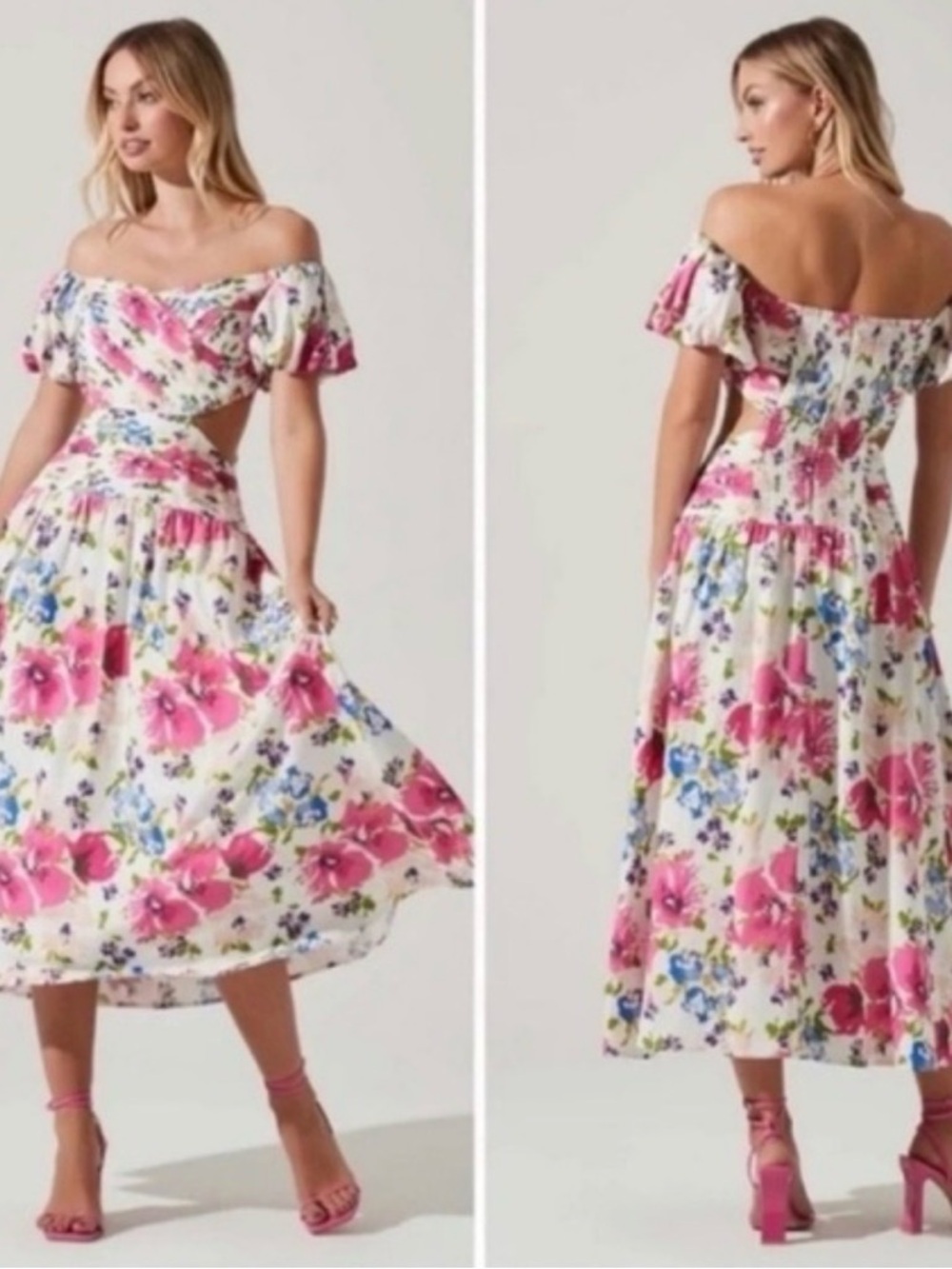 Beautiful Astr Medium White Midi Dress with Pink Floral Print